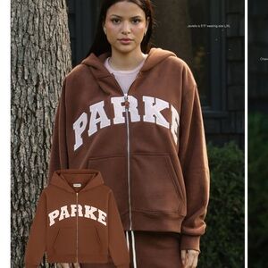 PARKE Hometown Varsity Zip-Up Hoodie in Mocha + Rose